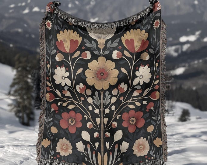 Scandinavian Blanket Floral Woven Throw: Dark Nordic Folk Art Cotton Decor
