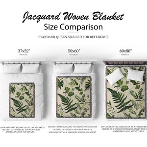 Botanical plant woven blanket with green fern and leaf print on cream, fringed edge.