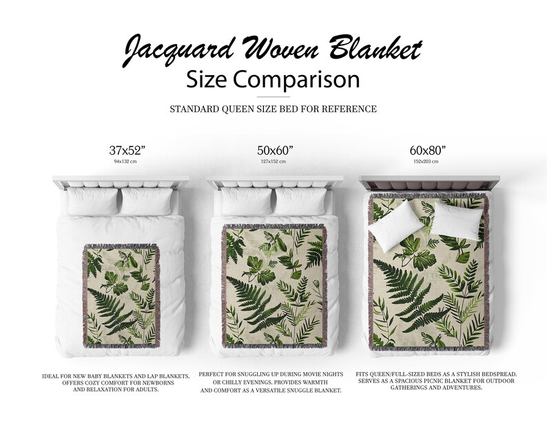 Botanical plant woven blanket with green fern and leaf print on cream, fringed edge.