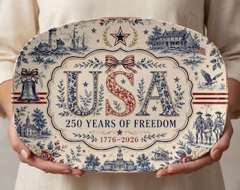 250th Anniversary Decor, USA 250 Years Of Freedom Serving Platter, Vintage Americana Toile Tray, Patriotic Kitchen Decor