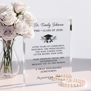 Personalized PhD Graduation Gift, Custom Doctor Acrylic Plaque, Class of 2026 Grad Keepsake, Dr Graduation Gift image 3