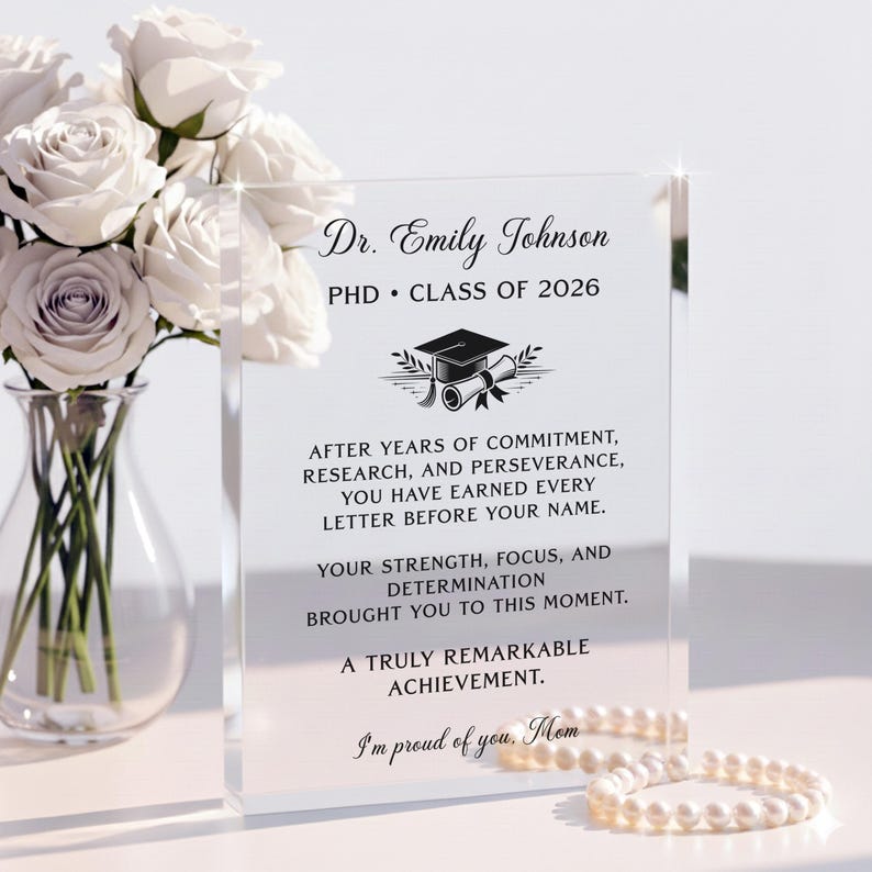 Personalized PhD Graduation Gift, Custom Doctor Acrylic Plaque, Class of 2026 Grad Keepsake, Dr Graduation Gift image 3