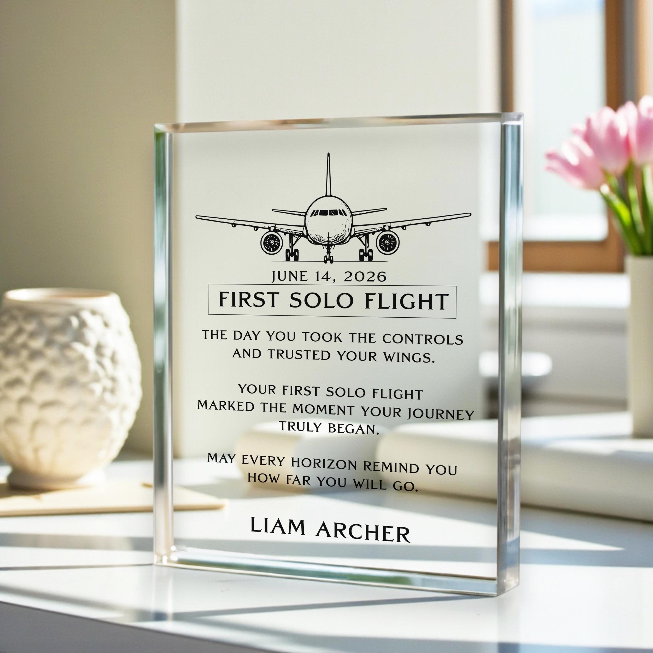 First Solo Flight Gift Personalized Acrylic Block, Student Pilot