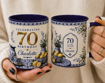 Personalized 70th Birthday Mug, Custom Name Coffee Cup, Blue White Floral Mug, 70 Years Loved Gift for Her, Mom Grandma