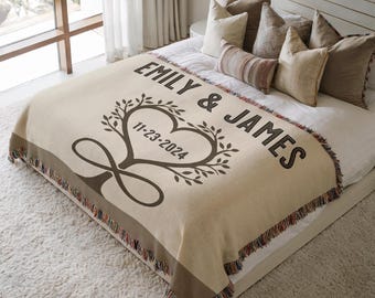 Personalized Couple Blanket, Custom Anniversary Throw, Heart Tree Infinity Blanket, Wedding Date Gift, Romantic Gift for Husband Wife