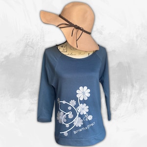 Daisy flowers and  butterfly raglan, Indigo sweatshirt 3/4 sleeve, Silver and white minimalist design, Christmas gift