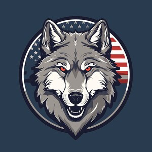 Puede incluir: Una cabeza de lobo gris con ojos rojos, gruñendo, frente a un diseño circular de bandera estadounidense.