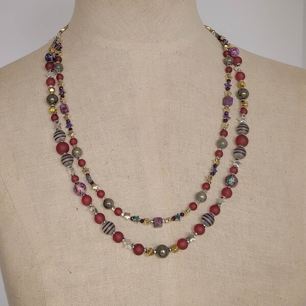 Handmade Purple Beaded Necklace; "Stars and Moons"; Semiprecious Gemstones, Golden & Silver Accents; Unique Statement Necklace; Rich; Warm