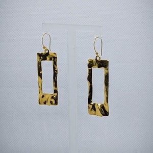 Hammered Golden Frame Dangle Earrings: Minimalist Rectangular Metal Earrings