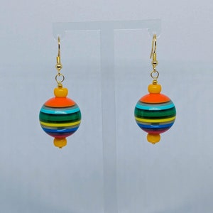 Large Vintage Retro-Striped Italian Poly Resin Earrings; Multicolored Stripes; Yellow Glass; Golden Accents; 18k Gold Plated Ear Wires; Fun