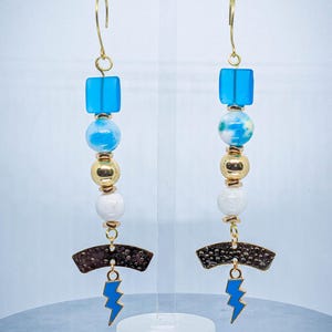 NFL Los Angeles Chargers Team Colors Inspired Beaded Dangle Earrings; White, Powder Blue, Gold; Glass; Hematite; Jade; Moonstone; Golds