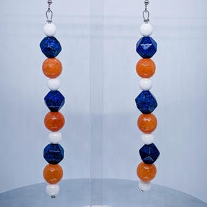 NFL Chicago Bears Team Colors Inspired Beaded Dangle Earrings; White Chalcedony; Blue Lapis Lazuli; Orange-Red Chalcedony; Sports Fan Gear