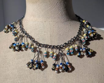 Vintage Handmade & Hand Painted Peruvian Beaded Chain Necklace: Gunmetal, Geometric Design - Clusters of Beads