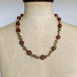Brazilian Red Agate and Olive Green Keshi Freshwater Pearl Necklace; Red and Green; Elegant; Glamourous; Giftable; Valentine's Day; Graceful