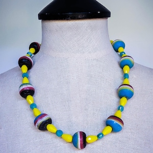 Handmade Bold Colorful Glass Beaded Necklace; Vintage 1980s African Sand Cast Recycled Multicolor Glass; Yellow and Blue/Teal Crystal Glass