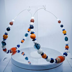 Chicago Bears Team Colors Beaded Hoop Earrings: Navy, Burnt Orange & White - 5&quot; Hoops - Gemstones