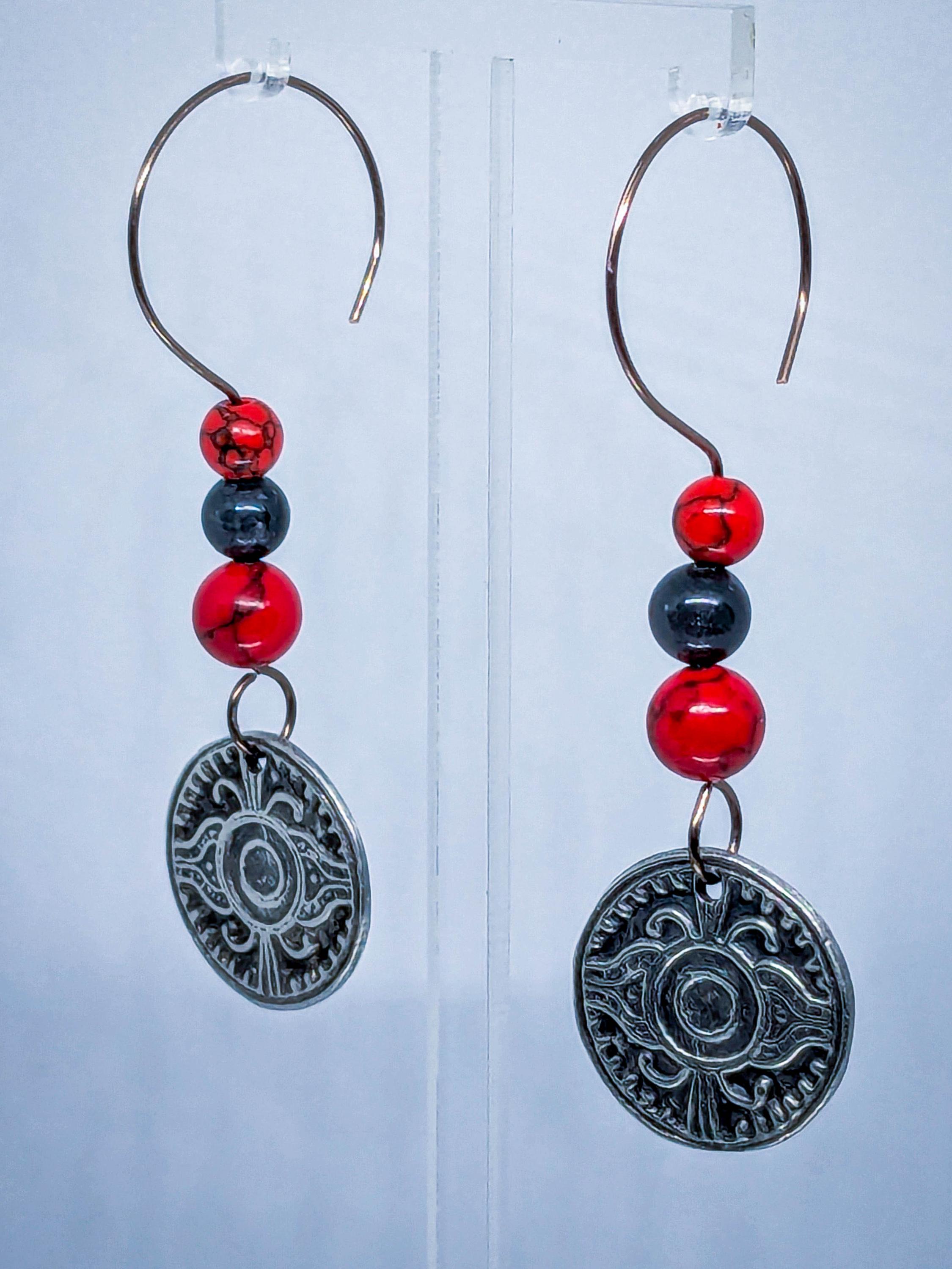アクセサリー ethark1234 Britannia Pewter Ancient Pre-columbian Aztec Symbol Earrings: Red