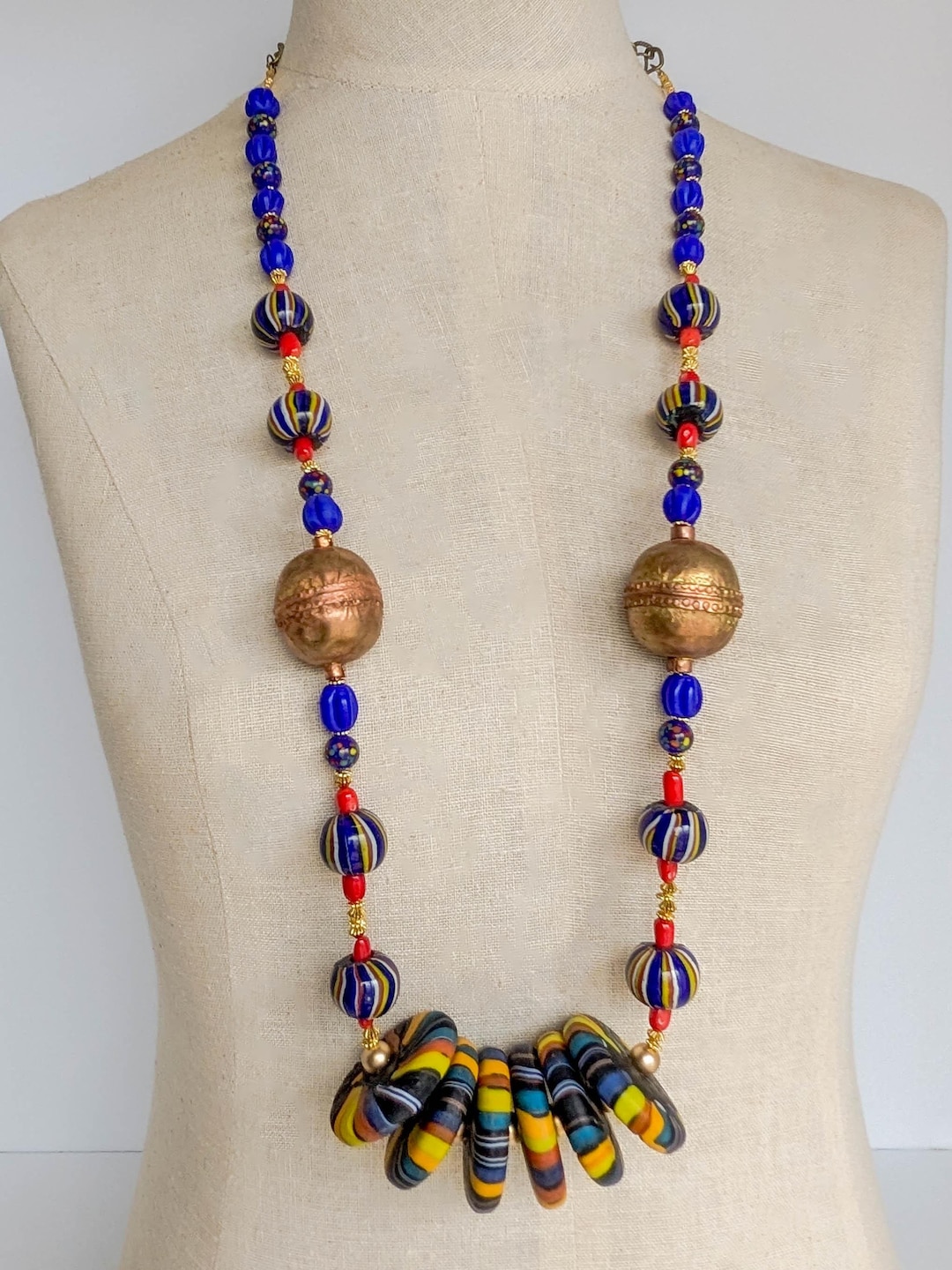 Extra Long Tribal Influenced Oversized Beaded Necklace; Ethnic