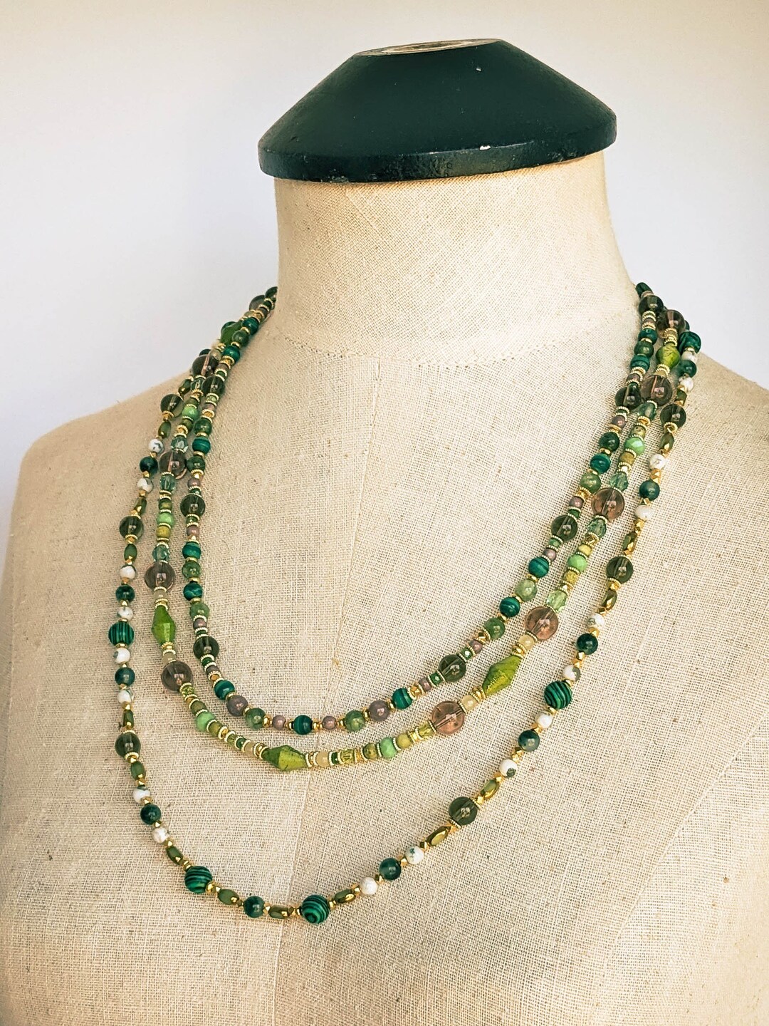 Double Layer Green & Neutral Bead Strand Necklace on Leather Strap main image 0