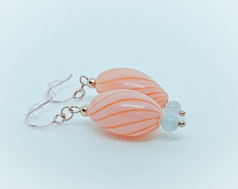 Blown Glass "Peach Taffy" Beaded Dangle Earrings; Handmade Unique Earrings; Peachy Pink Blown Glass Beads