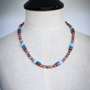 Eclectic Beaded Necklace; Fordite; Electroplated Glass; Drawbench Glass; Bronze Heishi; Bronze Chain; Hand-Formed Hook; Bold; Unusual; Blue