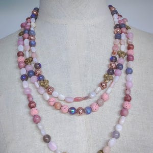 Classy Handmade Pink Gemstone Beaded Necklace: 7 Different Types of Gems - Triple Strand