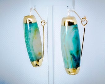 Extra Large Dragon Skin Agate Tube with Gold-Plating Drop Earrings; Beachy; Tropical; Serene; Calming; Sophisticated; Elegant; Bold; Classy