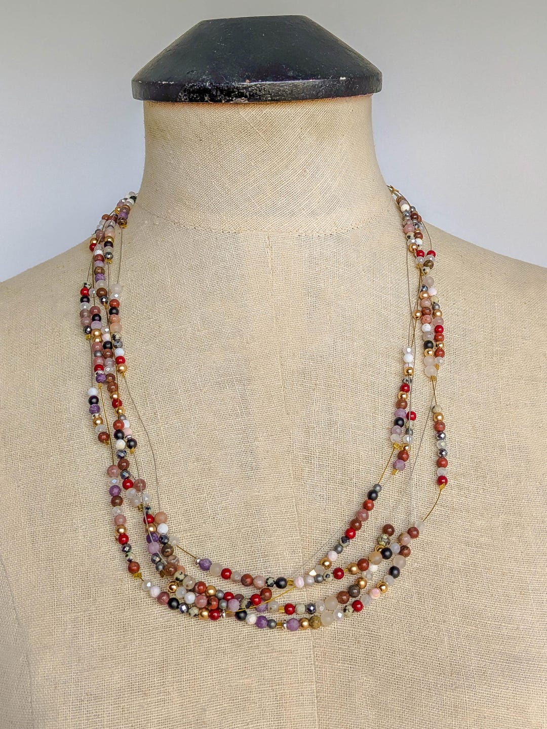 5-strand Small Bead Necklace; Semiprecious Gemstones; Silver and Gold