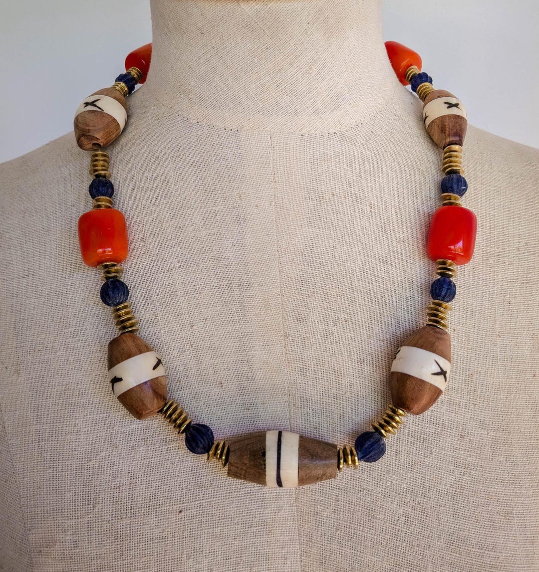 Oversized beaded necklace with vintage wood bone inlay, honey wax, and glass beads