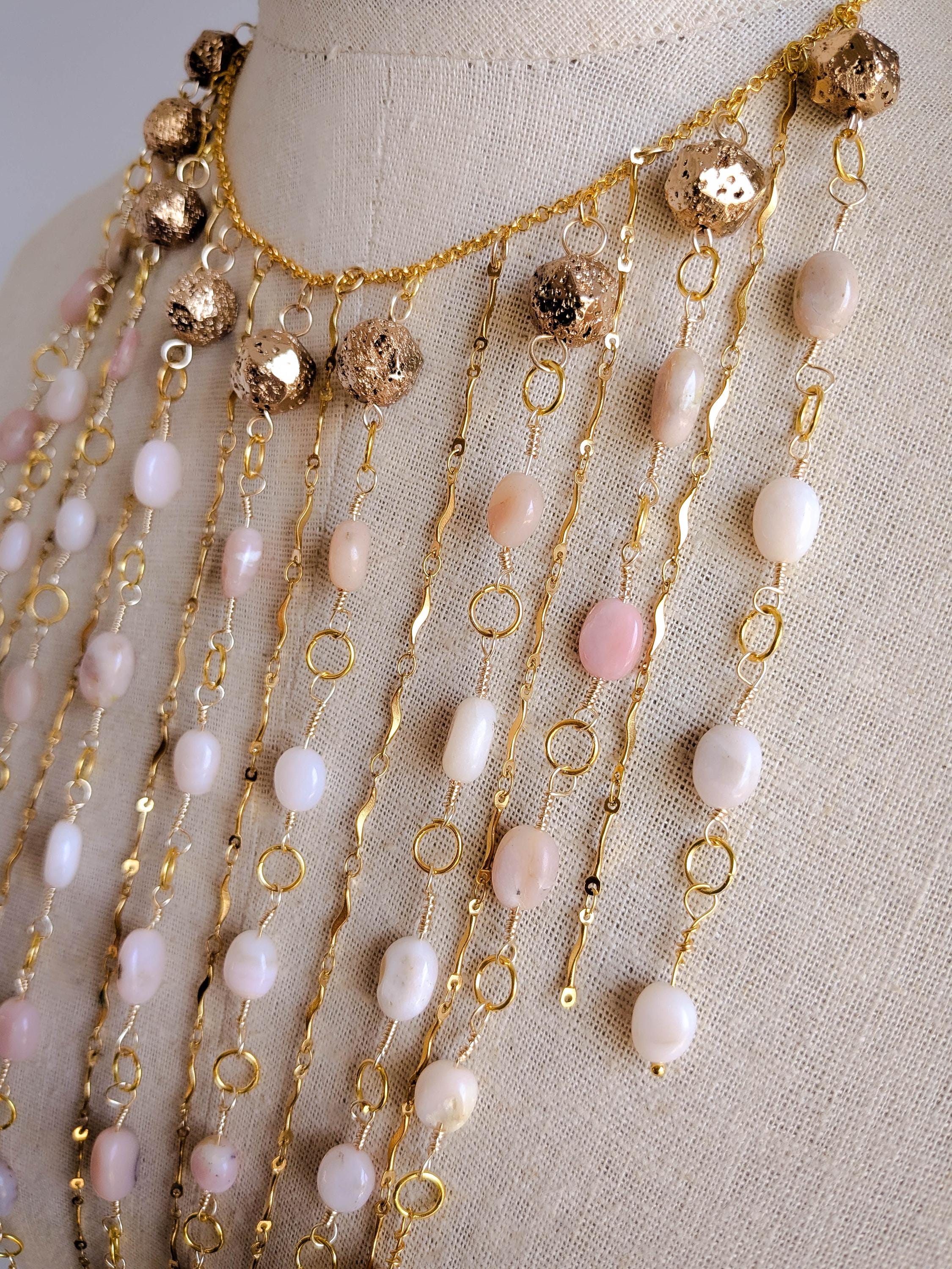 Glamourous 9-strand Pink Opal Waterfall Necklace: Gold-plated Lava ...