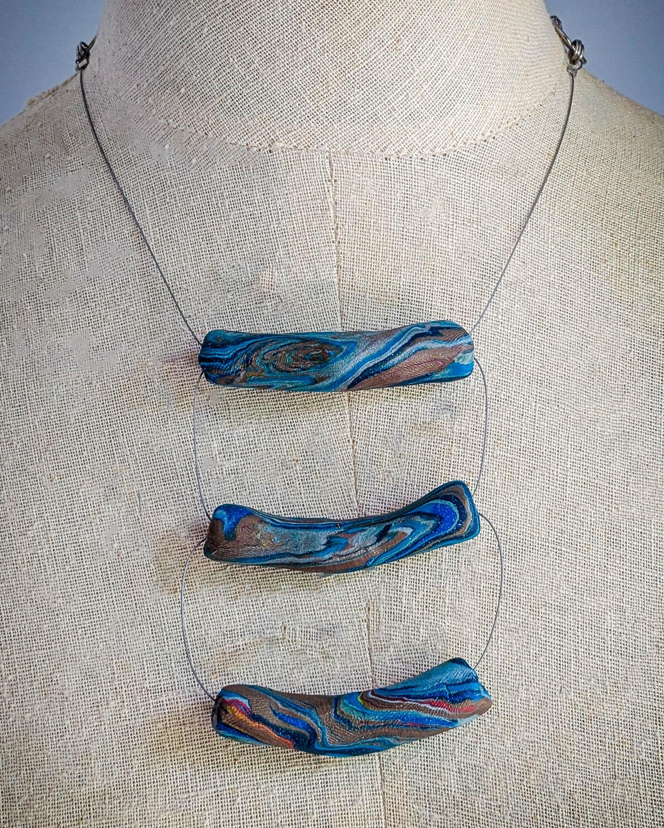 Handmade Blue and Bronze Shades of Polymer Clay Beaded Tube Necklace; Hand Formed Chain; Silver Accents; Trio of Large Beads; Adjustable