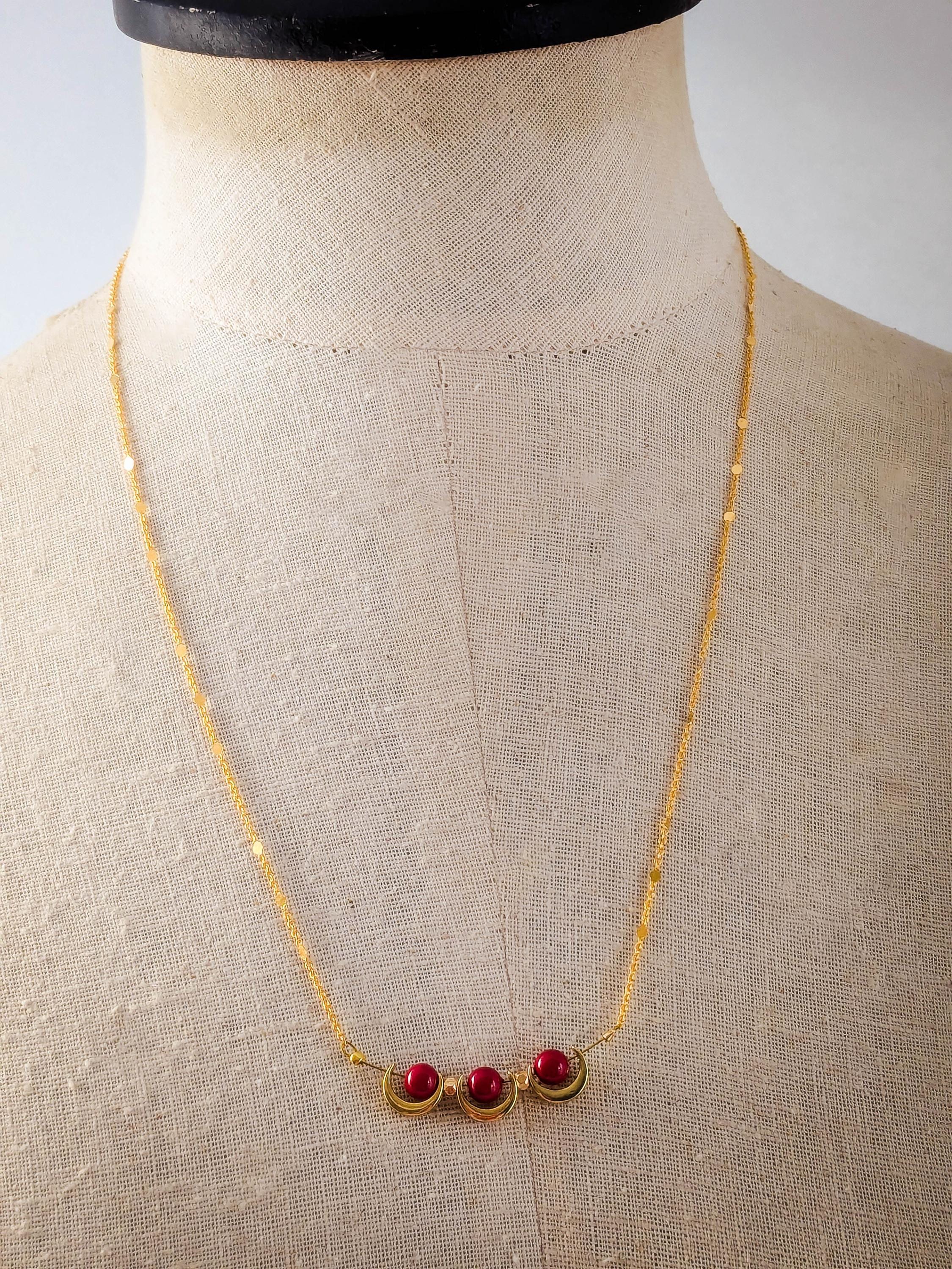 Red Stone Trio Necklace, 18k Gold Plated Rhinestone Frames 