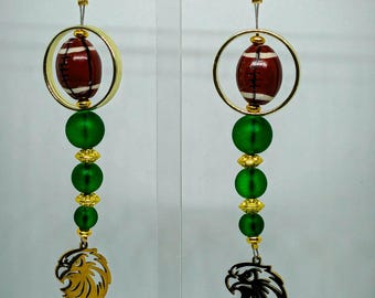 Philadelphia Eagles Inspired Long Dangle Earrings: Ceramic Football, Green Glass, Golden Eagle - One-of-a-Kind Game Day Jewelry