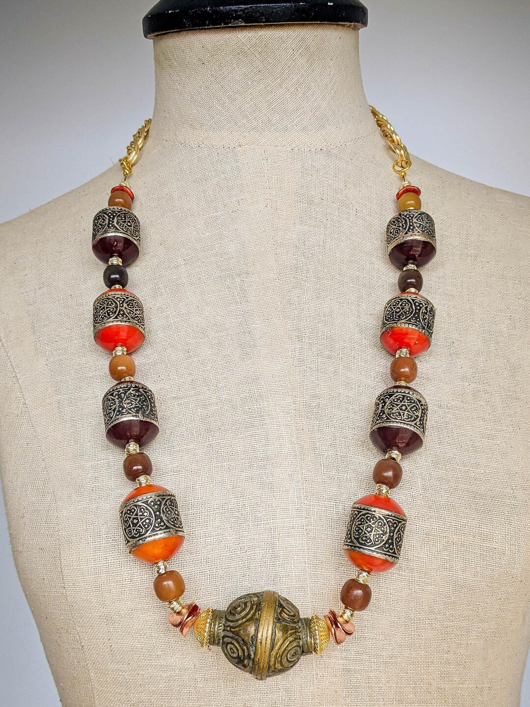Chunky Oversized African Baloch Bead Necklace: Moroccan Resin & Bodhi