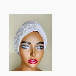 Sequin turban | white turban| party guest turban | cancer  head cover | hair loss turban