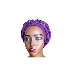 Purple turban, beaded turban, pre tied head cover