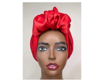 Red turban, pre tied head wear, head cover