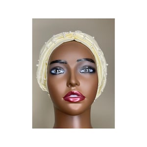 Ivory turban, beaded turban, head cover