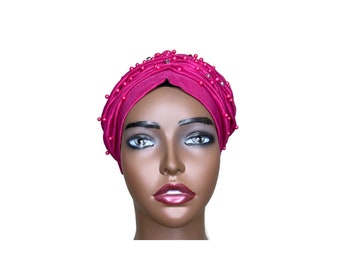 Heißer rosa Turban | Perlenturban | Party Gast Turban | Haarausfall Turban | Krebs Kopfbedeckung | Kirchenkopf zu decken