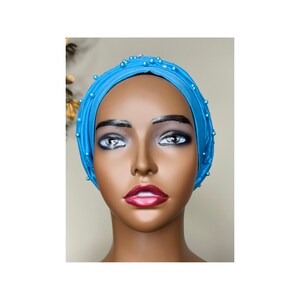 Turquoise blue turban, beaded turban, head cover
