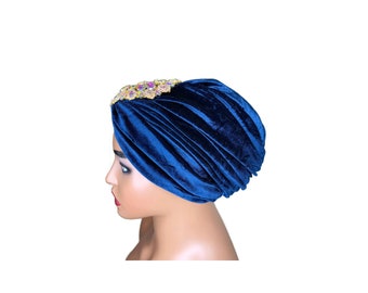 Turbante azul marino / turbante de terciopelo / turbante de fiesta / cubierta de cabeza de cáncer / turbante de iglesia / turbante de pérdida de cabello
