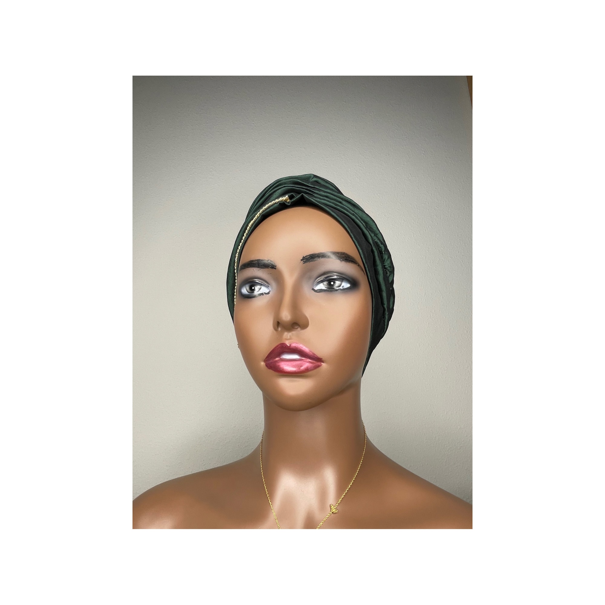 Elegant Green Turban Flower Feather Rhinestones Fashion Hair Loss Chemo Alopecia Beaded Flower Sparkle Hat For Chemo Alopecia  main image 2