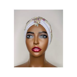 Turban blanc, couvre-chef de mariage, turban en strass