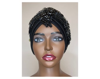 Rhinestone turban | black turban | cancer head cover | party turban | hair loss turban