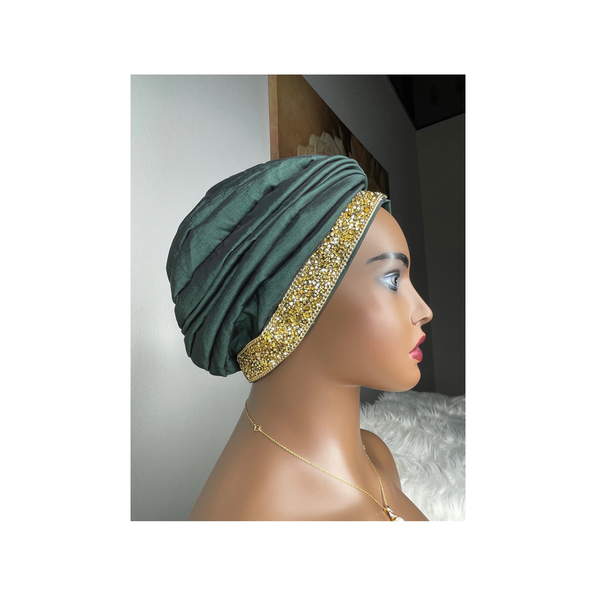 Elegant Green Turban Flower Feather Rhinestones Fashion Hair Loss Chemo Alopecia Dressy Turban - Etsy main image 2