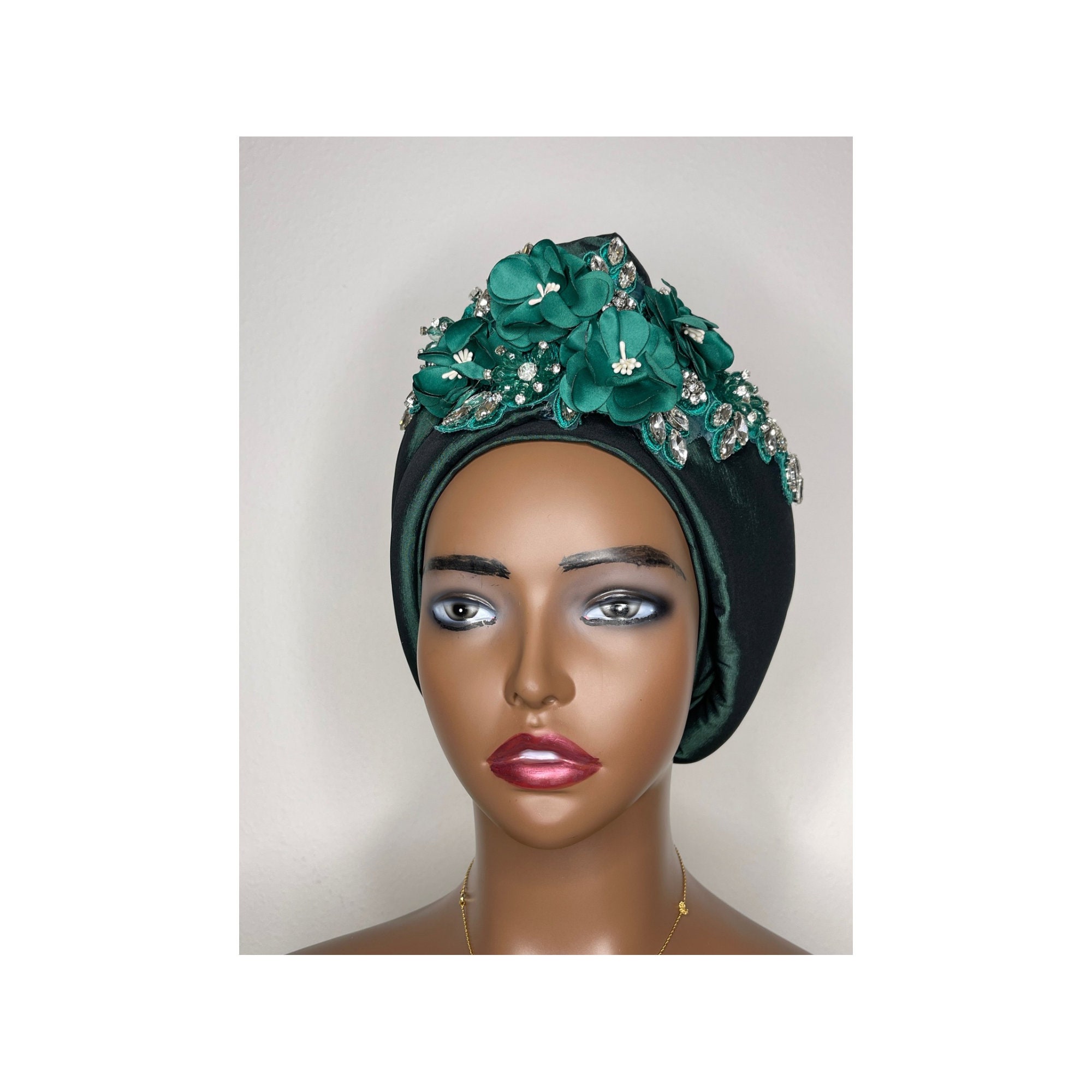 Elegant Green Turban Flower Feather Rhinestones Fashion Hair Loss Chemo Alopecia Dressy Turban - Etsy main image 3