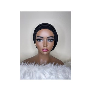 Black turban, pre tied head cover, plain layered turban