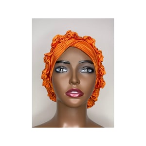 Orange turban, pre tied head wrap, head cover