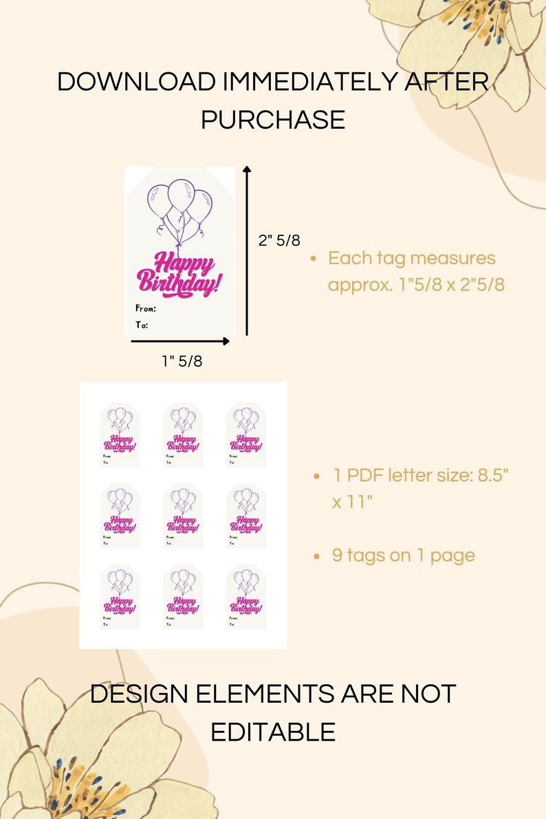 Birthday Balloons Printable Editable Gift Tags, Instant Download PDF ...