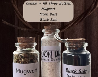 Hand-crafted witch tools: black salt, moon dust, mugwort-filled glass apothecary bottles
